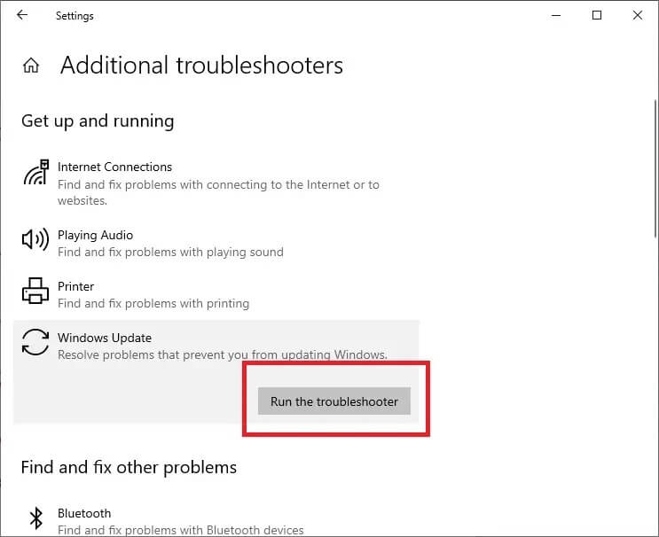 the-run-the-troubleshooter كيفية إصلاح خطأ Windows Update 80072ee2