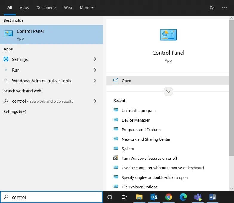 type-control-panel-in-the-search-bar-and-open-it- إصلاح عدم عمل Windows 10 File Sharing