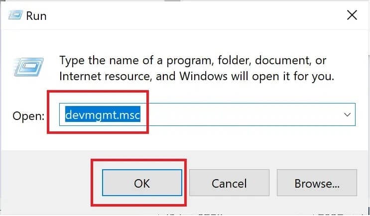 type-devmgmt-msc-in-run-box-and-then-click-ok-to إصلاح لم يتم اكتشاف بطاقة الرسومات كرت الشاشة على Windows 10