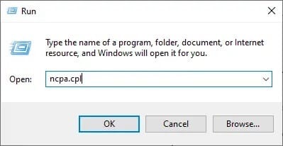 type-ncpa-cpl-as-follows-and-click-ok- كيف ترى وقت تشغيل النظام في Windows 10