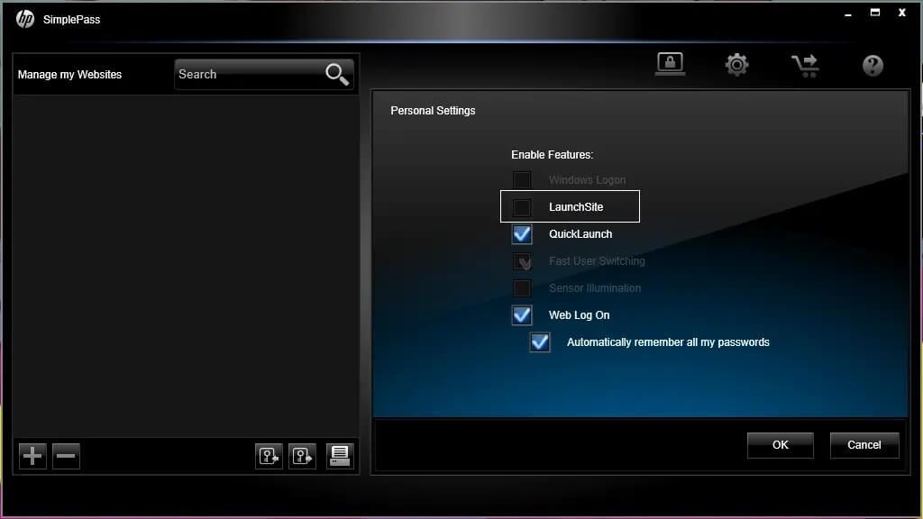 uncheck-LaunchSite-under-HP-simple-pass إصلاح مشكلة وميض المؤشر على نظام التشغيل Windows 10