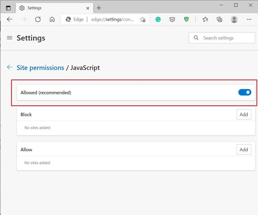 Allow-Javascript-on-Microsoft-Edge كيفية إصلاح استمرار تسجيل الخروج على YouTube