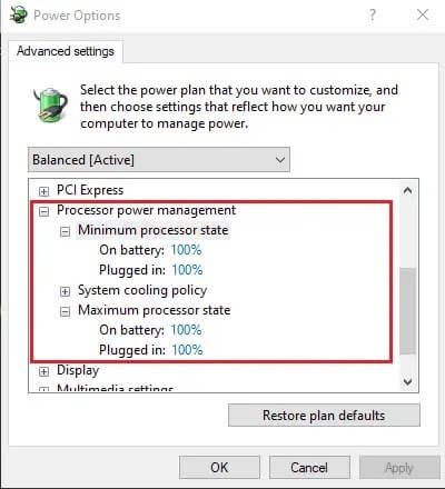 Change-the-values-in-the-On-battery-and-Plugged-in-fields-to-100 كيفية إصلاح تقطع الصوت في نظام التشغيل Windows 10