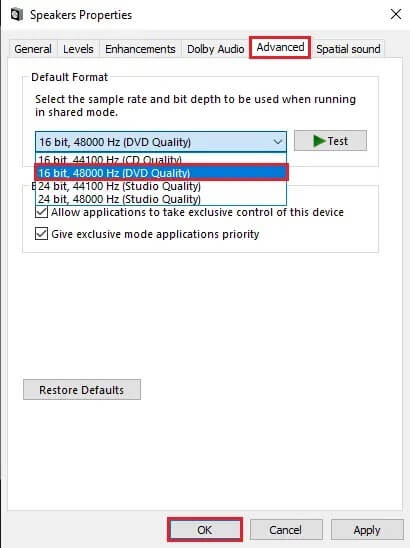 Click-on-Apply-and-then-OK-to-implement-these-changes كيفية إصلاح تقطع الصوت في نظام التشغيل Windows 10