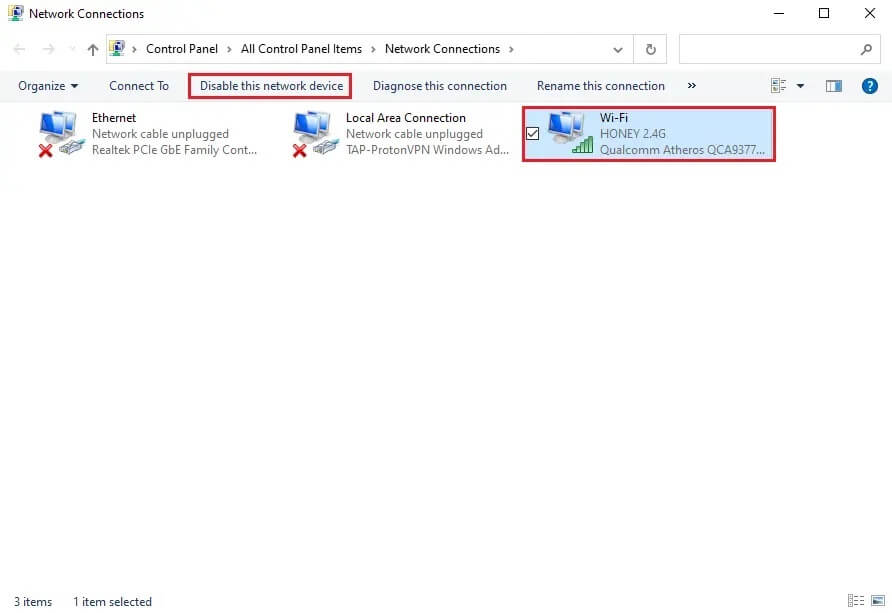 Click-on-Disable-this-network-device-from-the-toolbar إصلاح تعذر على Windows اكتشاف إعدادات الخادم الوكيل البروكسي لهذه الشبكة تلقائيًا