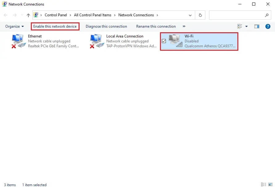 Click-on-Enable-this-network-device-from-the-toolbar إصلاح تعذر على Windows اكتشاف إعدادات الخادم الوكيل البروكسي لهذه الشبكة تلقائيًا
