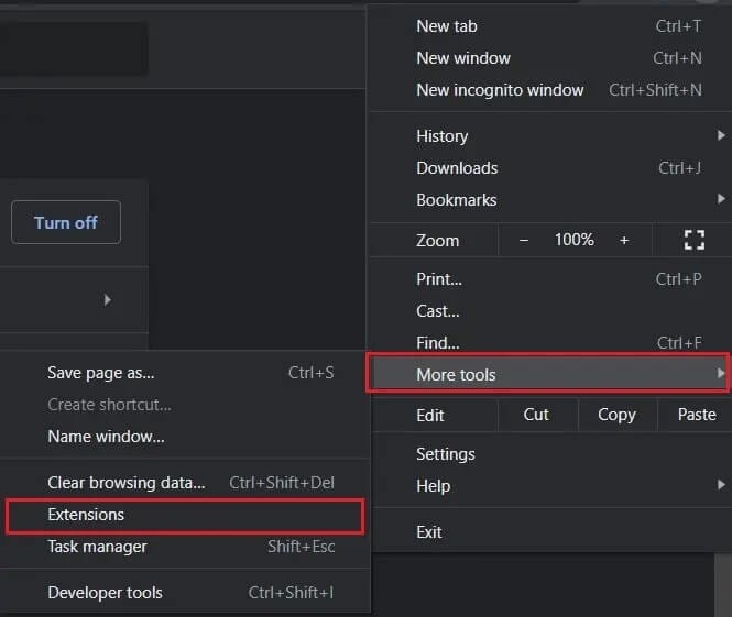 Click-on-the-three-dots-then-click-more-tools-and-select-extensions إصلاح حدث خطأ في معرّف التشغيل "حاول مرة أخرى" على YouTube