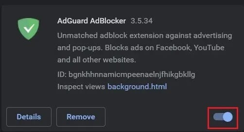 Click-on-the-toggle-button-to-turn-off-adblock-extension إصلاح حدث خطأ في معرّف التشغيل "حاول مرة أخرى" على YouTube