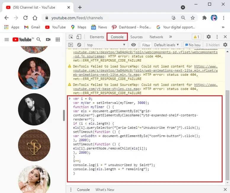 Copy-paste-the-given-code-in-the-console-tab كيفية إلغاء الاشتراك في قنوات YouTube دفعة واحدة