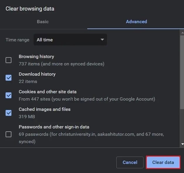 Enable-all-items-you-want-to-delete-and-click-on-clear-data إصلاح حدث خطأ في معرّف التشغيل "حاول مرة أخرى" على YouTube