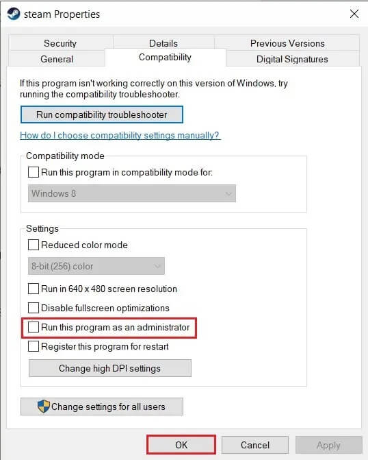 Enable-run-this-program-as-administrator- إصلاح Steam عالق عند تخصيص مساحة القرص على Windows