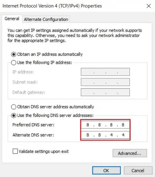 Enable-use-the-following-DNS-option-and-enter-8888-in-first-and-8844-in-second-textbox إصلاح حدث خطأ في معرّف التشغيل "حاول مرة أخرى" على YouTube