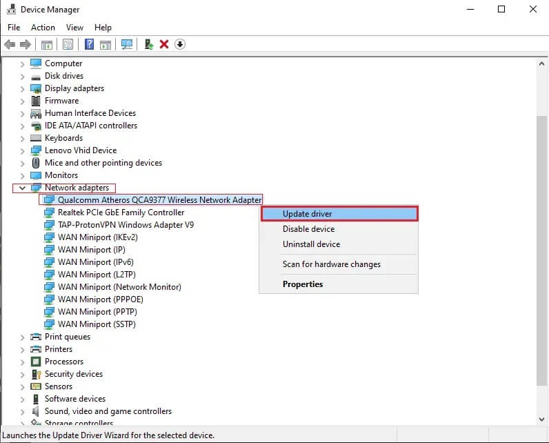 Make-a-right-click-on-your-Network-driver-and-click-on-Update-driver إصلاح تعذر على Windows اكتشاف إعدادات الخادم الوكيل البروكسي لهذه الشبكة تلقائيًا