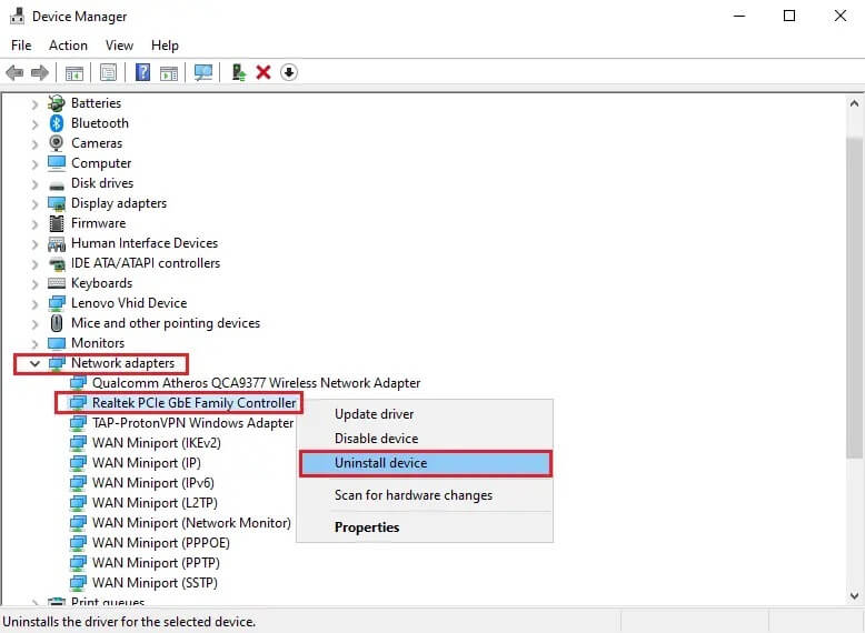 Right-click-on-Realtek-PCIe-Family-Ethernet-controller-and-select-Uninstall-from-the-menu كيفية إصلاح تقطع الصوت في نظام التشغيل Windows 10