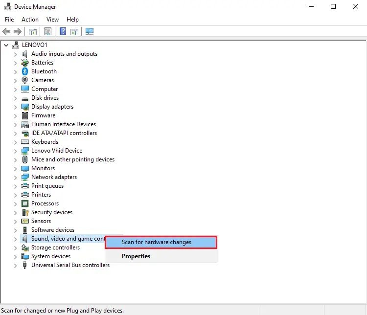 Right-click-on-the-screen-and-select-Scan-for-hardware-changes كيفية إصلاح تقطع الصوت في نظام التشغيل Windows 10