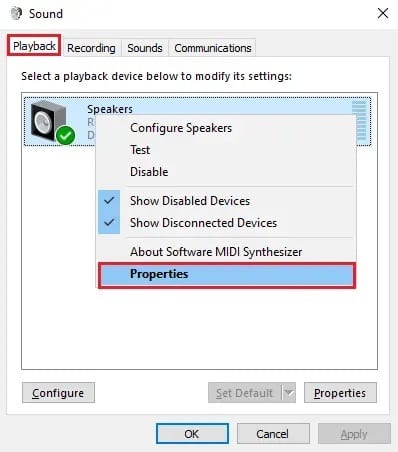Right-click-on-your-default-playback-device-and-click-on-Properties-1 كيفية إصلاح تقطع الصوت في نظام التشغيل Windows 10