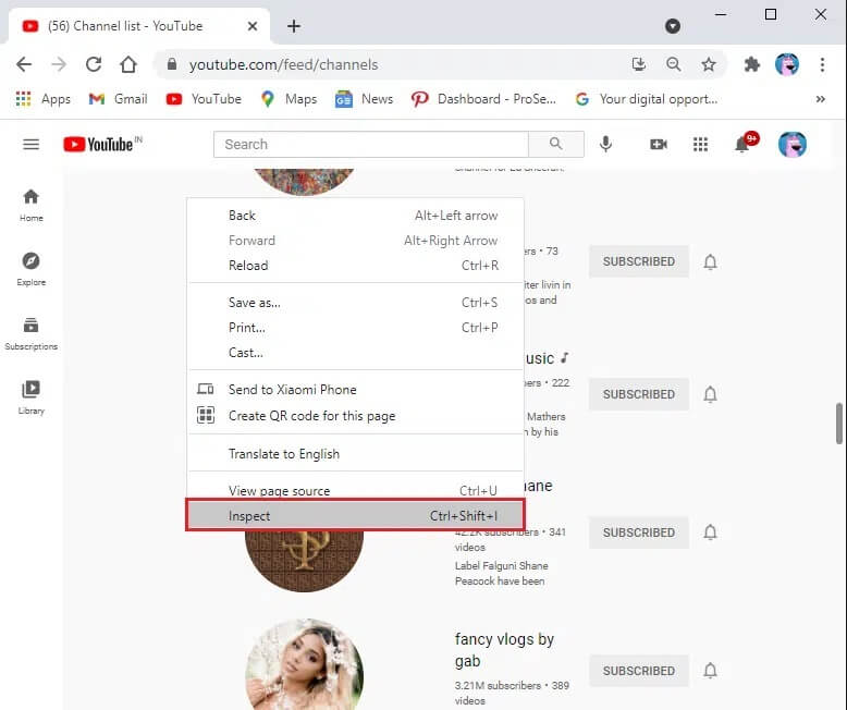 Select-Inspect-Q-option كيفية إلغاء الاشتراك في قنوات YouTube دفعة واحدة