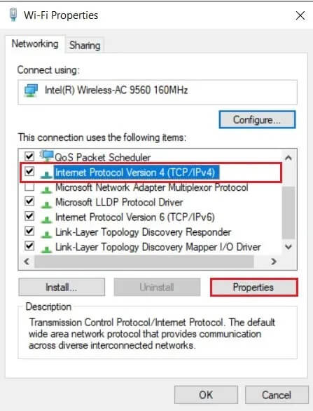 Select-Internet-Protocol-Version-4-and-click-on-properties إصلاح حدث خطأ في معرّف التشغيل "حاول مرة أخرى" على YouTube