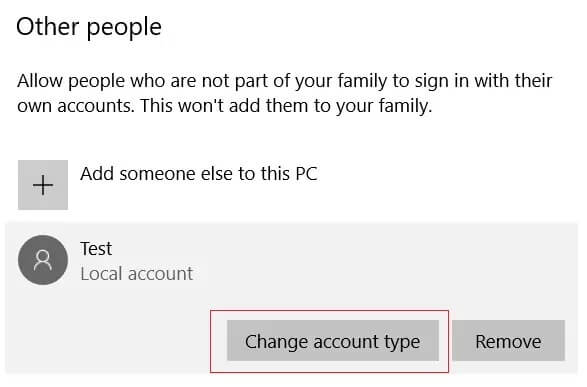 Under-Other-people-choose-the-account-you-just-created-and-then-select-Change-account-type كيفية تمكين أو تعطيل حساب المسؤول في نظام التشغيل Windows 10
