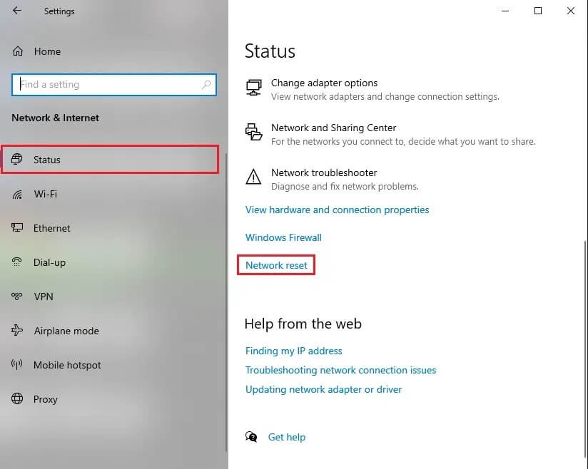Under-Status-scroll-down-and-click-on-Network-reset-1 إصلاح تعذر على Windows اكتشاف إعدادات الخادم الوكيل البروكسي لهذه الشبكة تلقائيًا