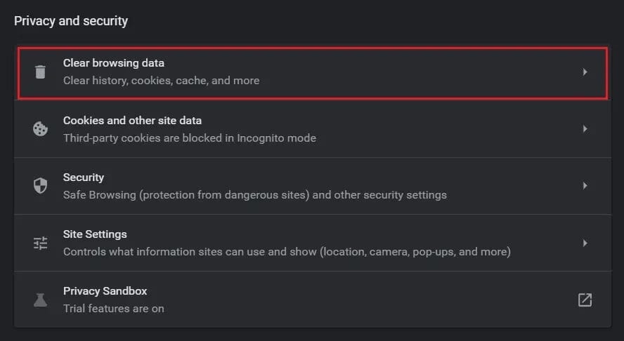 Under-privacy-and-security-panel-click-on-clear-browsing-data إصلاح حدث خطأ في معرّف التشغيل "حاول مرة أخرى" على YouTube