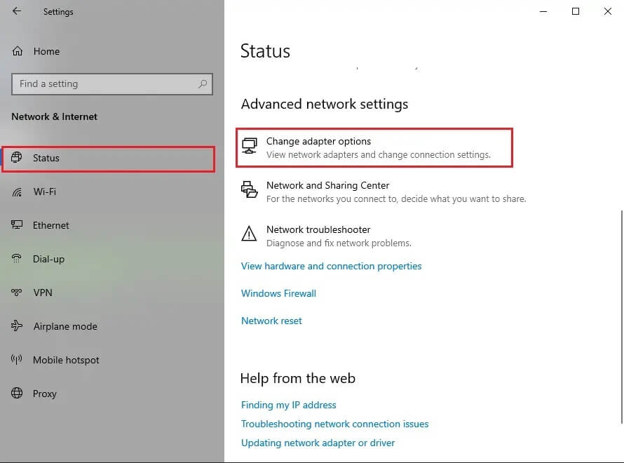 Under-the-Status-tab-click-on-Change-adapter-options إصلاح تعذر على Windows اكتشاف إعدادات الخادم الوكيل البروكسي لهذه الشبكة تلقائيًا