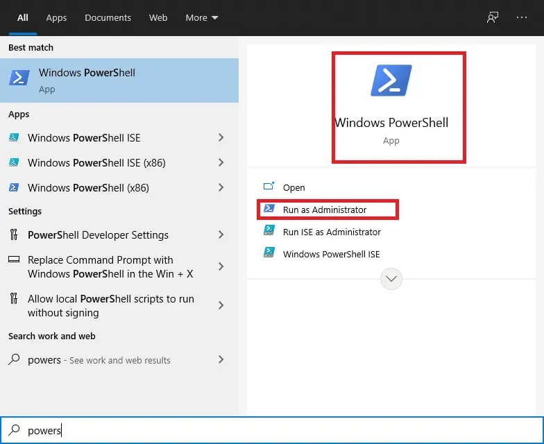 choose-windows-powershell-and-then-select-run-as-a كيفية إنشاء مؤقت نوم Windows 10 على جهاز الكمبيوتر الخاص بك