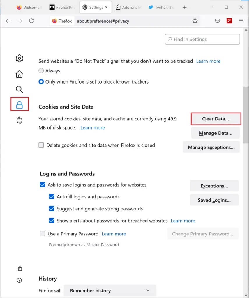 click-on-clear-data-in-privacy-and-security-tab-of-855x1024-1 كيفية إصلاح عدم تشغيل Firefox لمقاطع الفيديو