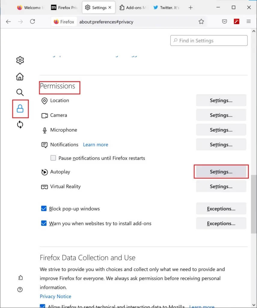 click-on-firefox-autoplay-settings-855x1024-1 كيفية إصلاح عدم تشغيل Firefox لمقاطع الفيديو