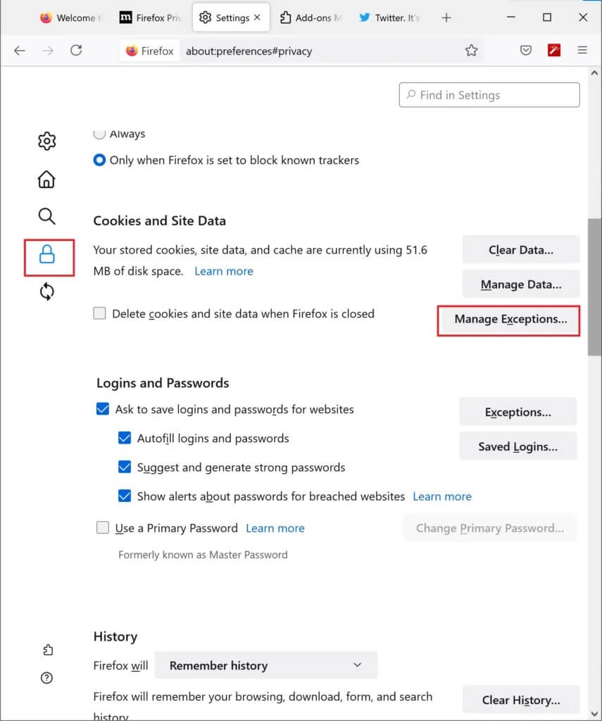 click-on-manage-exceptions-for-cookies-in-firefox-855x1024-1 كيفية إصلاح عدم تشغيل Firefox لمقاطع الفيديو