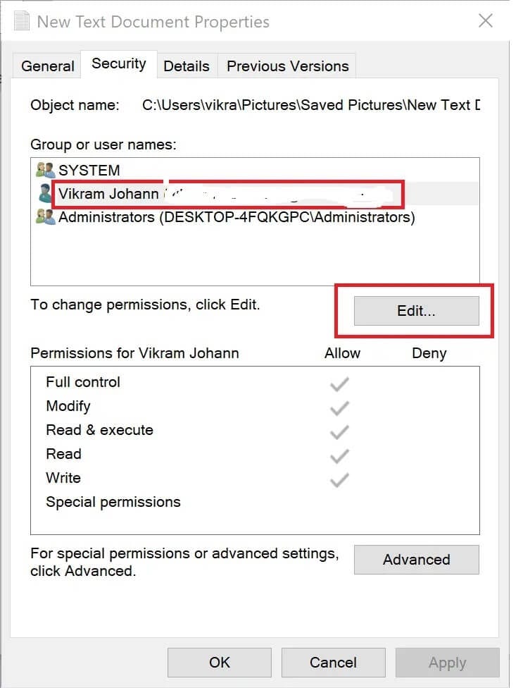 click-on-the-security-tab-select-your-username-an إصلاح خطأ تحول المجلد إلى القراءة فقط على Windows 10