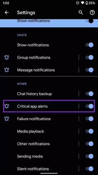 disable-critical-app-alerts-notification_7c4a12eb7455b3a1ce1ef1cadcf29289 أفضل 8 طرق لإصلاح اختفاء إشعارات الرسائل الجديدة WhatsApp على Android
