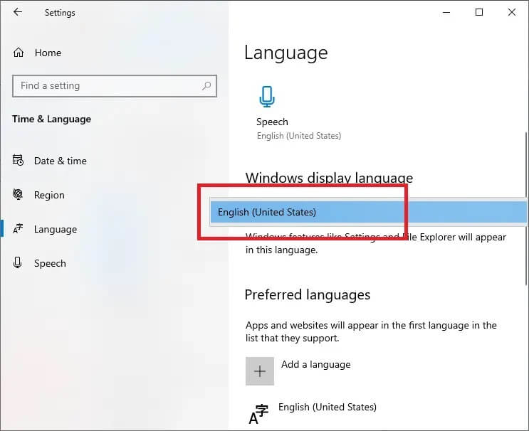 english-united-states-in-the-language-settings- إصلاح خطأ Windows Update 0x80070005