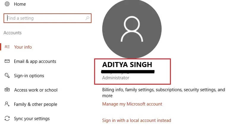 find-your-email-address-from-your-account-info-settings كيفية تمكين أو تعطيل حساب المسؤول في نظام التشغيل Windows 10