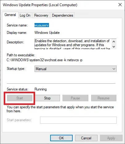 if-its-not-running-click-on-start-button- إصلاح خطأ Windows Update 0x80070005