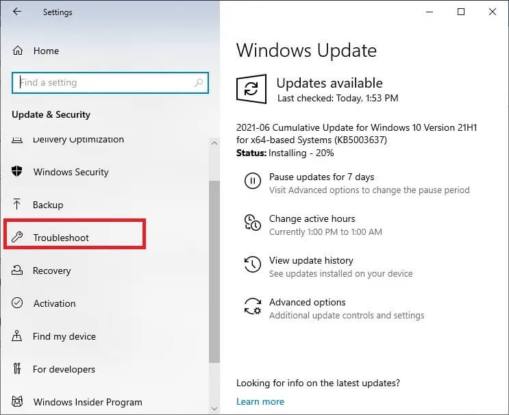 in-the-left-sidebar-select-troubleshoot- إصلاح خطأ Windows Update 0x80070005