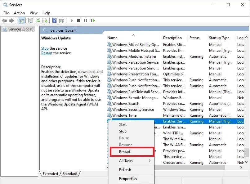 locate-the-windows-update-service-and-click-rest إصلاح خطأ Windows Update 0x80070005
