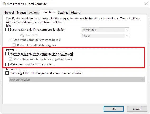 navigate-to-the-conditions-tab-and-then-deselect كيفية إنشاء مؤقت نوم Windows 10 على جهاز الكمبيوتر الخاص بك