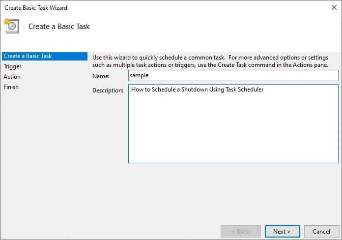 now-type-the-name-and-description-of-your-choice كيفية إنشاء مؤقت نوم Windows 10 على جهاز الكمبيوتر الخاص بك