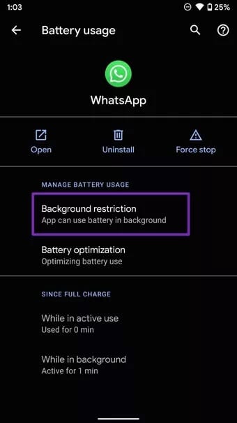 open-background-restriction-menu_7c4a12eb7455b3a1ce1ef1cadcf29289 أفضل 8 طرق لإصلاح اختفاء إشعارات الرسائل الجديدة WhatsApp على Android