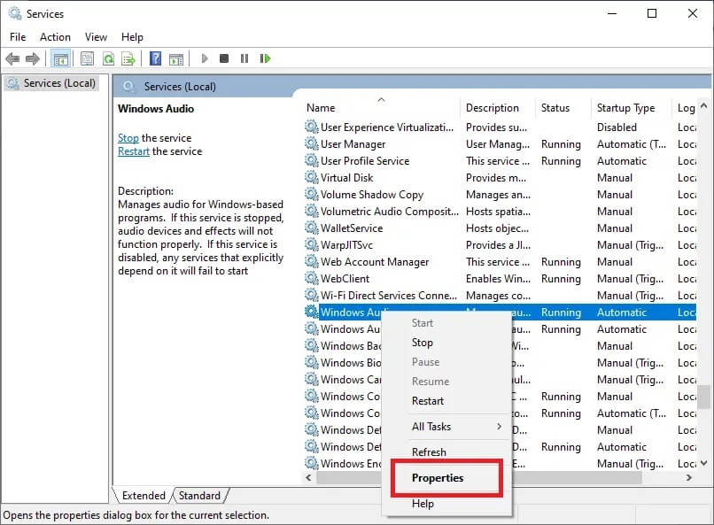 open-the-windows-audio-service-properties-by-doubl إصلاح خلاط الصوت لا يفتح على نظام التشغيل Windows 10