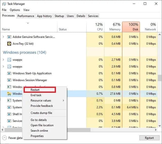 restart-the-windows-explorer-process-by-right-clic إصلاح خلاط الصوت لا يفتح على نظام التشغيل Windows 10