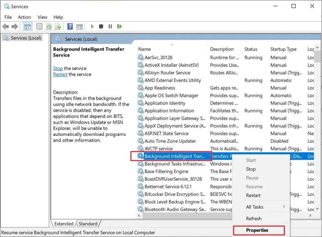 right-click-on-background-intelligent-transfer-ser-1024x753-1 كيفية إصلاح مشكلة عدم تحديث Windows 10