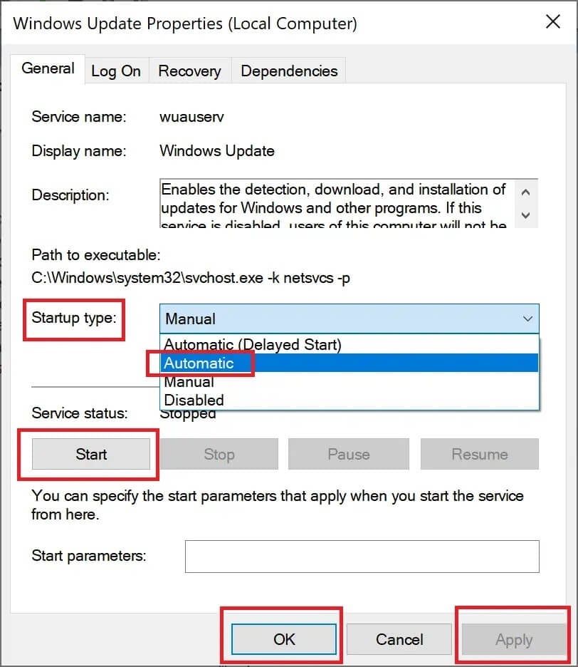 select-automatic-in-the-startup-type-menu-and-clic كيفية إصلاح مشكلة عدم تحديث Windows 10