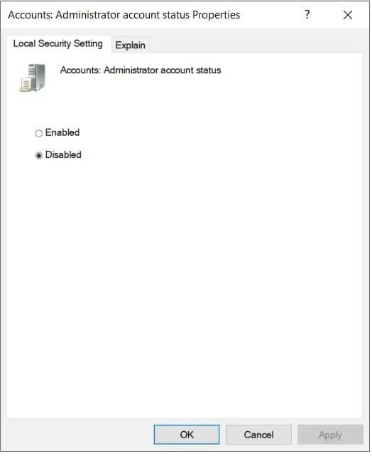 select-the-disable-box-to-disable-the-setting- كيفية تمكين أو تعطيل حساب المسؤول في نظام التشغيل Windows 10