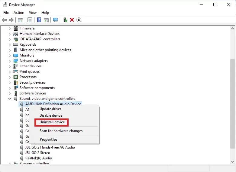 select-uninstall-device- إصلاح خلاط الصوت لا يفتح على نظام التشغيل Windows 10