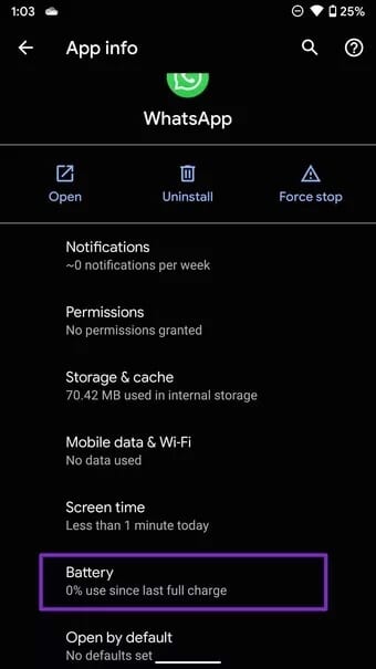 select-whatsapp-battery-menu_7c4a12eb7455b3a1ce1ef1cadcf29289 أفضل 8 طرق لإصلاح اختفاء إشعارات الرسائل الجديدة WhatsApp على Android