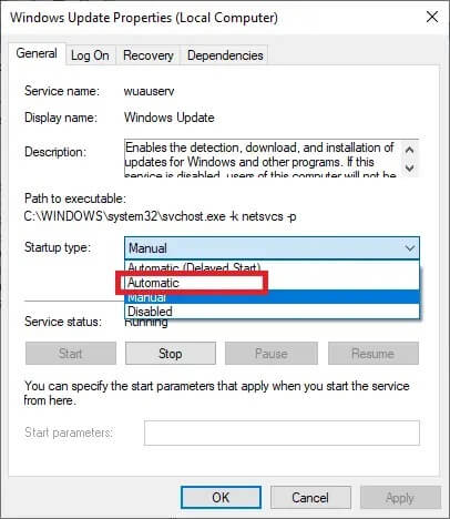 set-the-start-up-type-to-automatic-on-the-genera إصلاح خطأ Windows Update 0x80070005