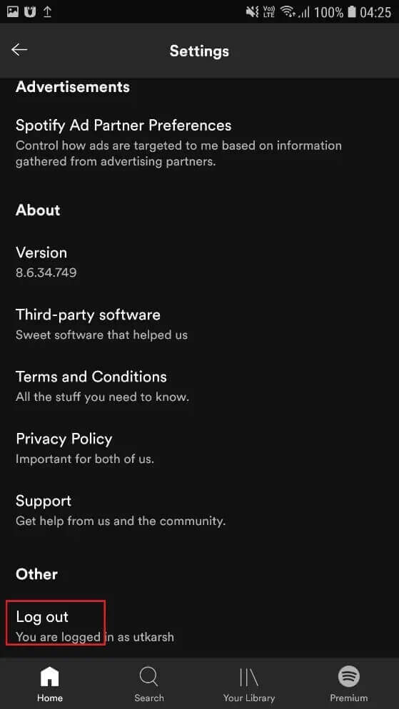 tap-the-log-out-option- كيفية إصلاح عدم عمل بحث Spotify