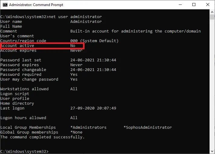 type-net-user-administrator-in-the-command-prompt كيفية تمكين أو تعطيل حساب المسؤول في نظام التشغيل Windows 10